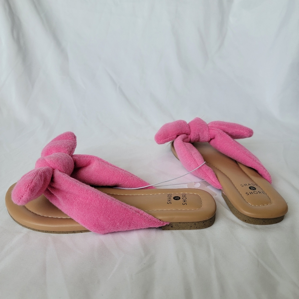 Shade & Shore Tulip Pink Fuzzy Bow Terry Cloth Slide Flip Flop Sandals - Picture 4 of 11
